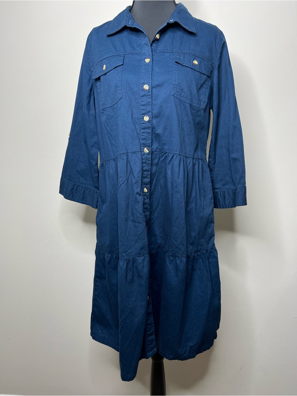 Classic Millenium Navy Blue Tiered Button-Front Long Sleeve Dress